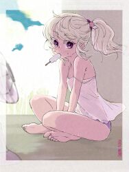  animalia_(shangri-la_frontier) barefoot blonde_hair commentary_request dress electric_fan female flat_chest floating_hair food food_in_mouth haruka43 highres hot ice_cream legs_folded long_hair looking_at_viewer panties ponytail popsicle popsicle_in_mouth purple_eyes see-through_clothes see-through_dress shangri-la_frontier signature sitting sky solo strap_slip sundress sweat underwear 
