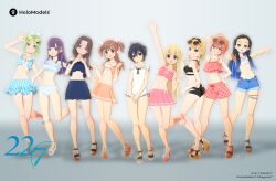  22/7 3d 6+girls :d ahoge aqua_eyes aqua_hair arm_up bikini bikini_bottom_under_shorts bikini_under_clothes black_bikini black_hair blonde_hair blue_bikini blue_shorts bow bow_hairband brown_eyes brown_hair center-flap_bangs checkered_bikini checkered_clothes closed_mouth collarbone copyright_logo copyright_name copyright_notice crescent crescent_hair_ornament curtained_hair double_v earrings eyewear_on_head fanged_bangs frilled_bikini frills fujima_sakura full_body gradient_hair green_eyes green_hair grey_background grey_eyes grey_hair hair_between_eyes hair_ornament hairband hairbow hairclip high_ponytail highres himuro_mizuki ichinose_hotaru jewelry kiryu_touko logo long_hair looking_at_viewer mole mole_under_eye multicolored_hair multiple_girls nishiura_sora official_art one-piece_swimsuit one_side_up open_mouth orange_bikini orange_hair orihara_sumika outstretched_arm parted_bangs pink_bikini pink_hair ponytail purple_eyes purple_hair sailor_bikini sailor_collar sandals sera_honoka short_hair shorts smile standing standing_on_one_leg streaked_hair striped_bikini striped_clothes sunglasses swimsuit takigawa_miu two-tone_hair two_side_up v vertical-striped_bikini vertical-striped_clothes w_arms wavy_hair white_bikini white_bow white_hairband white_one-piece_swimsuit 