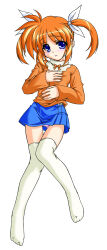  2000s_(style) blue_eyes blue_skirt blush bow commentary_request elehime female full_body highres long_sleeves looking_at_viewer lyrical_nanoha mahou_shoujo_lyrical_nanoha medium_hair open_mouth orange_shirt panties pantyshot pink_panties shirt simple_background skirt solo takamachi_nanoha thighhighs twintails underwear white_background white_bow white_thighhighs 