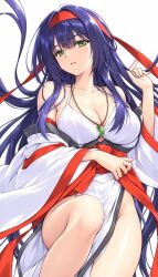  amaterasu_(kyoukaijou_no_fragment) breasts cleavage commentary_request d: dakimakura_(medium) detached_sleeves female floating_hair green_eyes hair_ribbon hairband highres holding_own_hair japanese_clothes jewelry kyoukaijou_no_fragment_~amaterasu_hen~ leg_up long_hair looking_at_viewer magatama magatama_necklace medium_breasts necklace open_mouth pelvic_curtain purple_hair red_hairband red_ribbon ribbon solo teeth upper_teeth_only very_long_hair white_background wide_sleeves yamamoto_kazue 