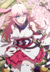  animal_ears bad_id bad_pixiv_id breasts cherry_blossoms female fox_ears fox_mask highres honkai_(series) honkai_impact_3rd japanese_clothes katana kimono kuso_(reishun) large_breasts long_hair mask nontraditional_miko pink_hair pink_skirt pleated_skirt purple_eyes sheath sheathed short_kimono skirt solo sword thighhighs weapon white_kimono white_thighhighs yae_sakura yae_sakura_(gyakushinn_miko) 