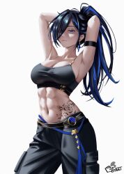  abs absurdres armpits arms_behind_head ayase_yuu ayase_yuu_(2nd_costume) black_hair black_pants blue_eyes blue_hair breasts cleavage default_illust earrings female hair_over_one_eye highres jewelry large_breasts long_hair looking_at_viewer multicolored_hair muscular muscular_female navel pants phase_connect ponytail solo stomach_tattoo streaked_hair tattoo virtual_youtuber 