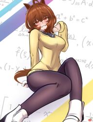  agnes_tachyon_(tach-nology)_(umamusume) agnes_tachyon_(umamusume) ahoge animal_ears black_necktie black_pantyhose black_shoes blush breasts brown_hair commentary earrings female hair_between_eyes highres horse_ears horse_girl horse_tail jewelry kanarushino large_breasts long_sleeves math necktie open_mouth pantyhose red_eyes shirt shoes short_necktie single_earring smile solo sweater tail umamusume wolf_cut yellow_sweater 