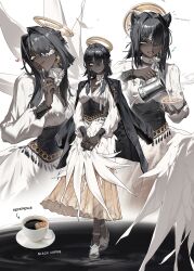  animal_ear_fluff animal_ears black_hair black_jacket breasts cat_ears coffee commentary cross cross_earrings cup dark-skinned_female dark_skin dress earrings english_commentary eyepatch female hair_intakes halo highres holding holding_cup holding_spoon jacket jacket_on_shoulders jewelry licking long_dress long_hair long_sleeves looking_at_viewer medium_breasts multiple_views nunsori open_mouth original pouring shoes smile spoon white_dress white_shoes yellow_eyes 