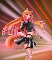  abstract_background animal_ear_fluff animal_ear_piercing animal_ears artist_name belt black_gloves black_jacket black_shirt black_shorts black_skirt black_thighhighs blunt_bangs breasts brown_belt brown_hair commentary_request cowboy_shot cropped_jacket cropped_shirt female fingerless_gloves fishnet_gloves fishnet_thighhighs fishnets floating_hair from_side gloves hair_ornament hair_tubes hairclip hand_on_own_hip hand_up headset highres jacket jewelry large_breasts leather leather_jacket long_hair looking_at_viewer looking_to_the_side metal_hair_tubes midriff miniskirt necklace open_clothes open_jacket open_mouth pink_eyes raccoon_ears raccoon_girl raccoon_tail raphtalia red_lips shirt shorts single_glove skirt solo tail tanuki tate_no_yuusha_no_nariagari thighhighs twitter_username watermark yuria-chu zettai_ryouiki 