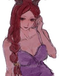  6456904065 averting_eyes babydoll bare_arms braid breasts brown_eyes brown_horns cleavage female fiona_gilman hair_over_shoulder hand_in_own_hair hand_up highres horns identity_v large_breasts lingerie long_hair parted_bangs purple_babydoll red_hair red_lips simple_background solo underwear upper_body white_background 