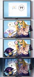  ! !! ... ? ?? absurdres arielle_(vtuber) arielle_(vtuber)_(corrupted_2.0) blonde_hair blue_eyes breasts canine claws cleavage corruption eyewear_on_head female hair_between_eyes heart highres indie_virtual_youtuber large_breasts liquid_clothes liquid_hair long_hair looking_at_viewer monitor multicolored_hair open_mouth rainbow_hair through_medium through_screen tongue tongue_out virtual_youtuber yu_arima 