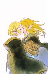  1boy armor black_cloak black_sweater braid champion's_tunic_(zelda) cloak closed_eyes commentary_request couple crown_braid earrings female hair_ornament hairclip highres hood hood_down hooded_cloak jewelry kissing leather_armor link long_hair mouyi parted_bangs pointy_ears princess_zelda ribbed_sweater short_hair shoulder_armor sidelocks straight sweater the_legend_of_zelda the_legend_of_zelda:_tears_of_the_kingdom turtleneck turtleneck_sweater upper_body white_background 