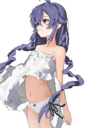  absurdres ahoge blue_eyes bow bow_panties braid braided_twintails chemise chemise_lift closed_mouth commentary_request cowboy_shot expressionless female floating_hair hair_between_eyes highres long_bangs long_hair low_twintails mushoku_tensei navel panties pantyshot picot_trim_panties purple_hair roxy_migurdia solo standing tarumiyo twintails underwear very_long_hair white_chemise white_panties wind wind_lift 