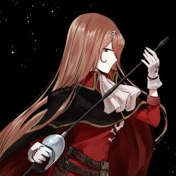  artist_name ascot black_cape blue_eyes cape commentary emeraldas female from_side gloves hair_ornament harlock_saga highres holding holding_weapon koto_(shiberia39) long_hair looking_at_viewer orange_hair queen_emeraldas red_shirt shirt skull_and_crossbones skull_hair_ornament skull_print solo twitter_username weapon white_ascot white_gloves 