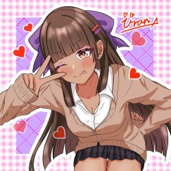  :p ;p absurdres black_skirt blunt_bangs bow breasts brown_cardigan brown_eyes brown_hair cardigan cleavage closed_mouth commentary_request cowboy_shot dark-skinned_female dark_skin female ganguro gyaru hair_ornament hairbow hairclip hand_on_own_hip heart highres hishiki_uran jewelry leaning_forward long_hair necklace one_eye_closed purple_bow school_uniform shine_post shirt signature skirt smile solo tongue tongue_out v v_over_eye white_shirt yakushiin_asuka 