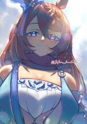  absurdres animal_ears bare_shoulders blue_dress blue_eyes breasts cleavage cloud cloudy_sky commentary_request dia_(7dia_kmrhntr) dress female from_below highres horse_ears horse_girl large_breasts long_hair looking_at_viewer outdoors shaded_face sky smile solo sun_glare sunlight super_creek_(murmuring_stream)_(umamusume) super_creek_(umamusume) umamusume watermark 