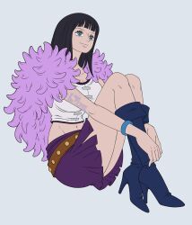 absurdres black_hair blue_boots blue_eyes blunt_bangs boots bracelet capelet closed_mouth commentary crop_top eyelashes female full_body fur_capelet high_heels highres jewelry long_hair ltenie midriff navel nico_robin one_piece purple_capelet purple_skirt simple_background sitting skirt smile solo unfinished white_background 