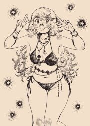  :p bikini breasts closed_mouth commentary double_v english_commentary feet_out_of_frame female glasses greyscale hands_up heidi_(heytherenrds) highres jewelry large_breasts line_art long_hair monochrome multiple_necklaces navel necklace original round_eyewear side-tie_bikini_bottom smile solo standing star_(symbol) string_bikini swimsuit tongue tongue_out v wavy_hair 