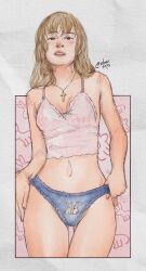  animal_print blonde_hair blue_panties breasts camisole commentary crop_top cropped_legs cross cross_necklace english_commentary female front-print_panties highres jewelry kate_marsh life_is_strange_(series) long_hair looking_at_viewer medium_breasts midriff navel necklace no_pants panties parted_lips print_panties rabbit_print rabbit_print_panties red_lips silvereeps solo standing thigh_gap twitter_username underwear white_camisole 
