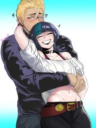  1boy 1other bazazel1 black_pants blush chin_piercing closed_eyes commentary dahlia_(piercing) english_commentary face_piercing grin hakari_kinji highres hoshi_kirara hug jujutsu_kaisen labret_piercing midriff pants piercing shirt side_labret_piercing simple_background smile snakebite_(piercing) white_shirt 