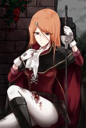  bleeding blood blue_eyes breasts closed_mouth commentary_request emeraldas female gloves hair_ornament harlock_saga highres holding holding_weapon injury koto_(shiberia39) long_hair orange_hair pants queen_emeraldas red_shirt scar scar_on_face shirt sitting skull_and_crossbones skull_hair_ornament skull_print solo sweat weapon white_gloves white_pants 
