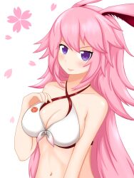  animal_ears bikini breasts cleavage commentary english_commentary enru female fox_ears highres honkai_(series) honkai_impact_3rd large_breasts long_hair looking_at_viewer petals pink_hair purple_eyes simple_background solo swimsuit upper_body white_background white_bikini yae_sakura yae_sakura_(summer_dream) 