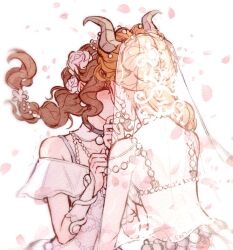  2girls 6456904065 back bare_shoulders bead_necklace beads bikini blush braid braided_ponytail bridal_veil brown_hair chinese_commentary choker closed_eyes commentary_request dress falling_petals fingerless_gloves fiona_gilman fiona_gilman_(samara) flower from_behind gloves grace_(identity_v) hair_bun hair_flower hair_ornament hand_on_another's_chin hand_up highres horns identity_v jewelry kissing long_hair multiple_girls necklace nontraditional_wedding_dress off-shoulder_dress off_shoulder official_alternate_costume petals see-through_clothes see-through_veil shell shell_bikini swimsuit trembling veil white_bikini white_dress white_flower white_gloves white_veil wife_and_wife yuri 