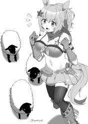  absurdres animal_ears bandana bandeau bare_shoulders blush breasts cleavage colt_single_action_army commentary_request cowboy_hat female gloves greyscale gun hair_ornament hat hat_on_back highres holstered horse_ears horse_girl horse_tail large_breasts long_hair midriff monochrome navel open_mouth outsuchi ponytail revolver sheep sheriff_badge skirt smile solo star_(symbol) star_hair_ornament taiki_shuttle_(umamusume) taiki_shuttle_(wild_frontier)_(umamusume) tail umamusume weapon 