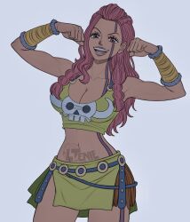  anklet braid breasts cleavage commentary crop_top eyelashes female flexing green_skirt highres jewelry long_hair ltenie one_piece open_mouth pink_eyes pink_hair ripley_(one_piece) simple_background skirt smile solo v-shaped_eyebrows watermark 