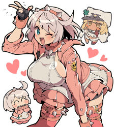  2girls ahoge bandaged_arm bandages belt_bra bent_over black_shorts bob_cut boots bracelet breasts cape chibi chibi_inset clover collar commentary_request curvy dark-skinned_female dark_skin dress elphelt_valentine four-leaf_clover guilty_gear guilty_gear_strive hairband hand_on_own_thigh hand_up hanging_breasts highres huge_ahoge itsuka_neru jacket jewelry large_breasts long_hair multiple_girls one_eye_closed open_mouth orange_eyes pink_boots pink_collar pink_hairband pink_jacket ramlethal_valentine red_bandage short_dress short_hair short_shorts shorts shorts_under_dress smile spiked_bracelet spiked_collar spiked_hairband spiked_jacket spiked_legwear_garter spikes thick_thighs thigh_boots thighs v white_hair white_shorts 