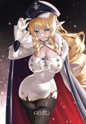  absurdres alternate_breast_size_(larger) alternate_costume aqua_eyes artist_name black_cape black_hat black_pantyhose blonde_hair breasts cape cleavage commentary covered_navel dress female fromabisu genshin_impact gloves hand_on_headwear hand_up hat highres large_breasts long_hair long_sleeves looking_at_viewer pantyhose parted_lips pointy_ears red_cape skindentation smile solo thigh_strap two-tone_cape very_long_hair vesna_(genshin_impact) white_dress white_gloves 