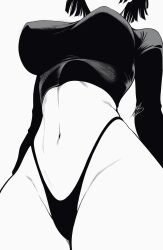  absurdres arms_behind_back breasts commentary commission crop_top english_commentary eyes_out_of_frame female from_below fubuki_(one-punch_man) groin hatching_(texture) head_out_of_frame highleg highleg_panties highres impossible_clothes impossible_shirt large_breasts linear_hatching long_sleeves monochrome mostlybluewyatt navel no_pants one-punch_man panties pixiv_commission shirt short_hair signature simple_background solo stomach string_panties underwear 