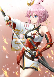  absurdres animal_ears armor blue_eyes breasts closed_mouth commentary female fox_ears hair_bun hair_ornament highres holding holding_sword holding_weapon honkai_(series) honkai_impact_3rd japanese_armor japanese_clothes katana kayama_kouji large_breasts pink_hair sheath sheathed solo sword unsheathing weapon yae_sakura yae_sakura_(flame_sakitama) 