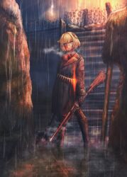 barbed_wire bayonet black_boots black_gloves black_pants blonde_hair blue_eyes boots cigarette coat commentary english_commentary female gloves grey_coat gun half-closed_eyes highres holding holding_gun holding_weapon jhands_onpc lace-up_boots mouth_hold night original outdoors pants pump_action rain short_hair shotgun smoke smoking solo trench trench_shovel wading water weapon winchester_model_1897 