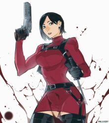  ada_wong artist_name black_boots black_eyes black_gloves black_hair blood boots breasts chest_harness commentary cowboy_shot dagger dress female gloves gun handgun harness holding holding_dagger holding_gun holding_knife holding_weapon knife looking_at_viewer medium_breasts parted_bangs parted_lips polluxery red_dress red_lips resident_evil resident_evil_4 resident_evil_4_(remake) short_hair solo thigh_boots weapon white_background 