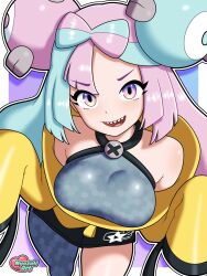  absurdres alternate_breast_size_(larger) blue_hair bow-shaped_hair breasts character_hair_ornament commentary criss-cross_halter fake_hair_bun female from_above grey_pantyhose hair_ornament halter_shirt halterneck hexagon_print highres iono_(pokemon) jacket large_breasts long_hair long_sleeves magnemite multicolored_hair nyazuliart open_mouth oversized_clothes pantyhose pink_hair pokemon pokemon_scarlet_and_violet sharp_teeth single_leg_pantyhose sleeves_past_fingers sleeves_past_wrists smile solo split-color_hair teeth yellow_jacket 