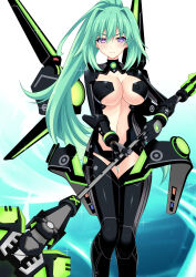  absurdres ass_visible_through_thighs black_gloves black_thighhighs black_wings blush bodysuit breasts center_opening choujigen_game_neptune cleavage closed_mouth clothing_cutout commentary_request female gloves green_background green_hair green_heart_(neptunia) green_heart_(ultra_dimension) hair_between_eyes hatsune_haruka highres holding holding_polearm holding_weapon kami_jigen_game_neptune_v large_breasts long_hair looking_at_viewer magical_girl mechanical_magical_girl navel neptune_(series) polearm ponytail power_symbol power_symbol-shaped_pupils purple_eyes solo spear standing symbol-shaped_pupils thigh_cutout thigh_gap thighhighs very_long_hair weapon white_background wings 