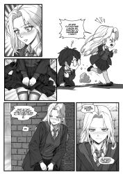  1boy absurdres black_robe blonde_hair blue_eyes blurry blurry_background blush book breasts bullying commentary diagonal-striped_clothes diagonal-striped_necktie english_commentary female genderswap_(mtf) glasses green_nails green_robe grin harry_potter harry_potter_(series) highres hogwarts hogwarts_school_uniform holding holding_book leg_lift long_hair long_legs malfoid medium_breasts mocking necktie pale_skin panties pantyshot print_panties red_robe robe round_eyewear rule_63 school_uniform see-through_clothes see-through_legwear shirt simple_background smile stepped_on striped_clothes striped_necktie thighhighs tony_kuusisto two-sided_fabric two-sided_robe two-tone_robe underwear upskirt wizarding_world 
