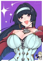  2girls absurdres artist_name astra_yao black_hair border breasts cleavage closed_eyes closed_mouth commentary_request dress earrings evelyn_chevalier highres jewelry large_breasts long_hair looking_at_viewer multiple_girls open_mouth outside_border pink_eyes reopa_(oyz_29) smile solo_focus twitter_username watermark white_border white_dress zenless_zone_zero 
