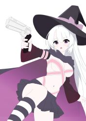  absurdres aiming ayachi_nene ayachi_nene_(witch) belt belt_bra black_cape black_hat black_skirt blush bow breasts cape cleavage commentary cowboy_shot detached_sleeves dutch_angle female fighting_stance flat_color gun hair_between_eyes handgun hat hat_bow heart heart_in_eye highres holding holding_gun holding_weapon large_breasts long_hair long_sleeves looking_ahead miniskirt navel open_mouth outstretched_arm pink_belt pink_bow pleated_skirt purple_cape purple_eyes sanoba_witch sidelocks simple_background skirt solo stomach striped_clothes striped_thighhighs symbol_in_eye thighhighs two-sided_cape two-sided_fabric unfinished upskirt v-shaped_eyebrows very_long_hair weapon white_background white_hair wide_sleeves witch witch_hat zephy0215 