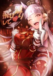  absurdres animal_ears armband blunt_bangs blush bow breasts brown_hat commentary_request dress ear_bow ear_ribbon female gloves gold_ship_(red_strife)_(umamusume) gold_ship_(umamusume) grey_hair hand_fan hat highres holding holding_fan horse_ears horse_girl horse_tail large_breasts long_hair looking_at_viewer moffumoto one_eye_closed open_mouth pantyhose pillbox_hat purple_eyes red_bow red_dress sleeveless sleeveless_dress smile solo striped_armband striped_clothes tail teeth tongue tongue_out umamusume white_gloves white_pantyhose 
