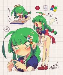  >_< ahoge angel_wings ankle_socks arrow_(symbol) bandaid bandaid_on_knee bandaid_on_leg blue_shirt blunt_bangs braid brooch closed_eyes collared_shirt commentary_request crying detached_wings female gloves green_eyes grid_background hair_ribbon halo highres huge_ahoge icon_(computing) index_fingers_together jewelry kmd_tale kneeling leotard long_hair long_sidelocks looking_at_viewer loose_socks low_twin_braids me-tan microsoft_windows multiple_views oerba_yun_fang open_mouth os-tan pout recycle_bin recycling_symbol red_ribbon red_shoes ribbon sad shirt shoes sidelocks signature socks speech_bubble spoken_squiggle squiggle streaming_tears teardrop tearing_up tears traditional_halo translation_request trash_can twin_braids white_gloves white_leotard windows_classic windows_logo windows_me wings 