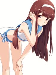  absurdres bent_over bikini blue_sailor_collar blunt_ends brown_eyes brown_hair commentary_request drapitz female hairband hand_on_own_knee highres idolmaster idolmaster_million_live! long_hair looking_at_viewer sailor_bikini sailor_collar sailor_swimsuit_(idolmaster) simple_background solo standing straight_hair swimsuit tanaka_kotoha tucking_hair white_background white_bikini white_hairband 