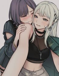  2girls bang_dream! bang_dream!_our_notes bare_arms belt_buckle belt_collar black_collar black_shirt blush breasts buckle cheek-to-cheek closed_eyes closed_mouth collar commentary_request crop_top front-to-back grey_eyes grey_hair grey_shirt hair_ornament hairclip hand_on_another's_shoulder heads_together highres jewelry key key_necklace korean_commentary large_breasts long_hair long_sleeves mahashi_miku midriff multiple_girls multiple_hairclips navel necklace parted_lips see-through_cleavage see-through_clothes see-through_shirt shirt short_hair simple_background small_sweatdrop smile straight_hair striped_clothes striped_shirt vertical-striped_clothes vertical-striped_shirt white_background white_hair x0v72o yakura_yomogi yuri 