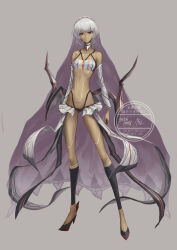  152_in_can altera_(fate) bandeau bare_shoulders black_panties black_socks body_markings breasts choker closed_mouth commentary_request dark-skinned_female dark_skin dated_commentary detached_sleeves expressionless fate/grand_order fate_(series) female full-body_tattoo full_body grey_background highres looking_at_viewer navel panties red_eyes red_shoes revealing_clothes shoes short_hair showgirl_skirt signature small_breasts socks solo standing tattoo underwear veil white_bandeau white_hair white_veil 