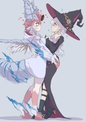  2girls absurdres black_dress black_hat blush breasts c_civciv cleavage commentary_request diabellstar_the_black_witch diabellstar_the_black_witch_(alternate_art) dress duel_monster grey_hair hair_between_eyes hat highres hooded_shirt long_hair monster_girl multicolored_hair multiple_girls official_alternate_costume official_alternate_hairstyle open_mouth pink_hair sinful_spoils_of_the_winter_raven's_forest smile tail thighhighs thighs two-tone_hair undersized_breast_cup white_hair wings witch witch_hat yellow_eyes yu-gi-oh! yuri 