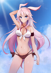  animal_ears arm_behind_head arm_up armpits bikini blue_sky breasts english_commentary female fox_ears highres honkai_(series) honkai_impact_3rd large_breasts long_hair looking_at_viewer mismatched_bikini navel outdoors phoompusiri purple_bikini sky solo summer swimsuit white_bikini yae_sakura yae_sakura_(summer_dream) 