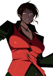  black_jacket black_suit bob_cut bow breasts choker commentary commission earrings female formal_clothes grin highres jacket jewelry large_breasts lips lipstick makeup red_bow red_eyes ribbon_choker smile solo suit suit_jacket thatamaan the_king_of_fighters vice_(kof) 