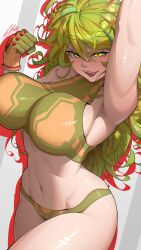  absurdres arm_up bare_shoulders boku_no_hero_academia breasts clenched_hand commentary cowboy_shot drop_shadow female gloves green_eyes green_gloves green_hair green_panties grey_background hagakure_toru highres large_breasts looking_at_viewer navel open_mouth panties signature smile solo superhero_costume teeth tettora underwear upper_teeth_only 