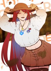  absurdres autumn_leaves blue_fire blue_hair bracelet brown_skirt brown_thighhighs collarbone colored_inner_hair commentary earrings elizabeth_rose_bloodflame english_commentary falling_leaves female fire hat highres hololive hololive_english jewelry leaf long_hair midriff multicolored_hair navel necklace open_mouth pawz212 red_eyes red_hair skirt solo thighhighs virtual_youtuber 