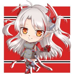  azur_lane breasts chibi commentary cross detached_sleeves dress female grey_dress grey_sleeves grin hair_ornament iron_cross large_breasts long_hair looking_at_viewer prinz_eugen_(azur_lane) smile solo twintails white_hair wisewolf_art yellow_eyes 