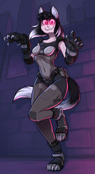  1girls armor armored_female black_and_white_fur black_and_white_hair black_hair black_shorts claws claws_out detailed_background eyes_glowing fangs female female_only fully_clothed glowing_eyes glowing_red_eyes human human_only humanoid keadonger mecha mechanical mechanical_arm mechanical_arms mechanical_fixation mechanical_leg mechanical_legs mechanical_limbs night night_sky outdoors outside picture picture_on_wall red_eyes referenced_character scp-2085 scp-2085-a-2 scp_foundation sharp_teeth shorts smug smug_grin smug_smile solo standing standing_on_one_leg street streets tight_clothes tight_clothing two_tone_hair white_hair 