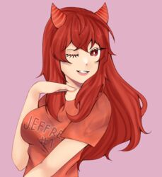  artist_request blush female female_only horns looking_at_viewer medium_breasts one_eye_closed posing red_eyes red_hair red_shirt roblox slim smile smiling smiling_at_viewer sole_female source_request tagme tied_hair tylette_(narcissixtfear) 