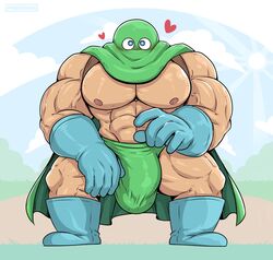  bara blue_boots blue_gloves bulge cape dragon_quest flaccid frieddough heart hearts_around_head kandar looking_at_viewer male male_only masked muscles penis_under_clothes solo solo_male underwear 